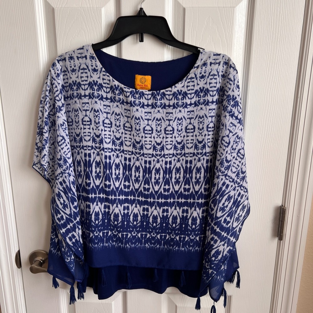 Ruby Rd. Petite Tassel Poncho Top Blue White Print Lightweight PM‎